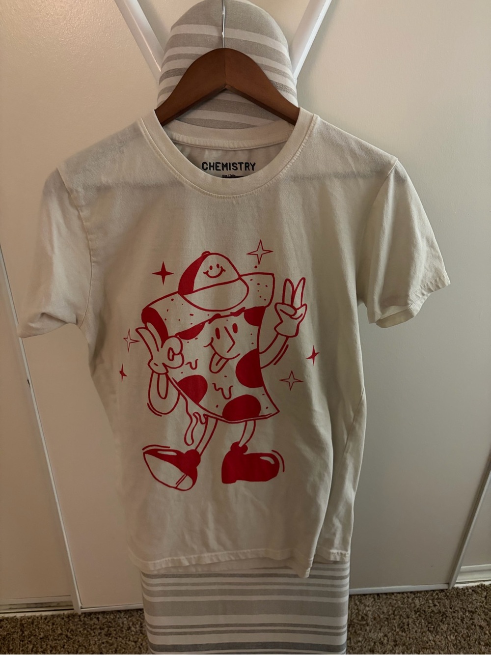 Chemistry Cream T-Shirt with Red Pizza Graphic
